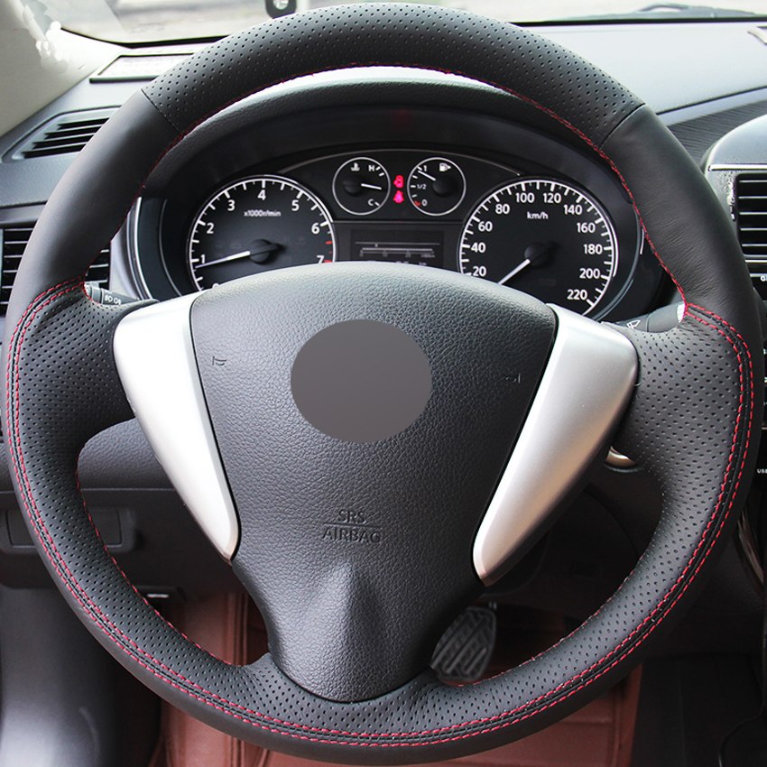 Black Genuine Leather Hand-stitched Car Steering Wheel Cover for Nissan Tiida Sylphy Sentra Versa Note 2014-2017-image-429867615