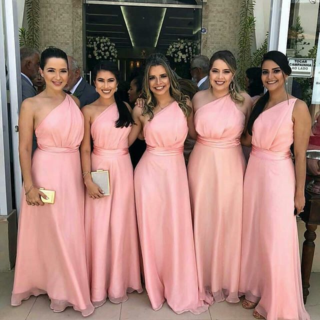 

One Shoulder Pink Chiffon Bridesmaid Dresses Long Ruched Simple Long Wedding Guest Dresses Maid of Honor Gowns vestidos dama de honor