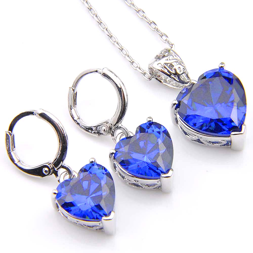 

Novel Luckyshine 5 Sets Fashion Heart Blue Topaz Crystal Cubic Zirconia 925 Silver Pendants Necklaces Earrings Gift Wedding Jewelry Sets, Dark blue