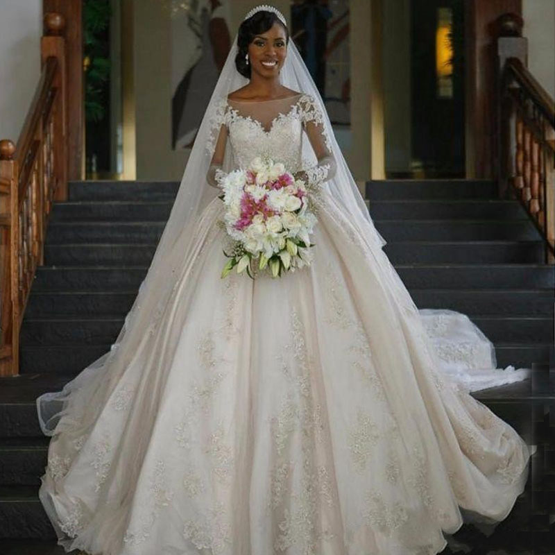 

Long Sleeves Ball Gown Wedding Dresses Sheer Neck Satin Tulle African Cathedral Train Church Bridal Dresses Wedding Gowns, White