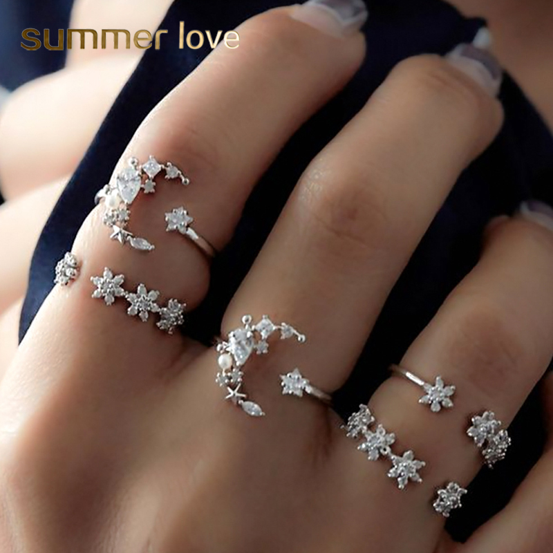

Fashion 5 Pcs/set Bohemia Retro Rhinestone Crystal Moon Star Simple Hollow Punk Personality Silver Open Ring Women Wedding Anniversary Gift