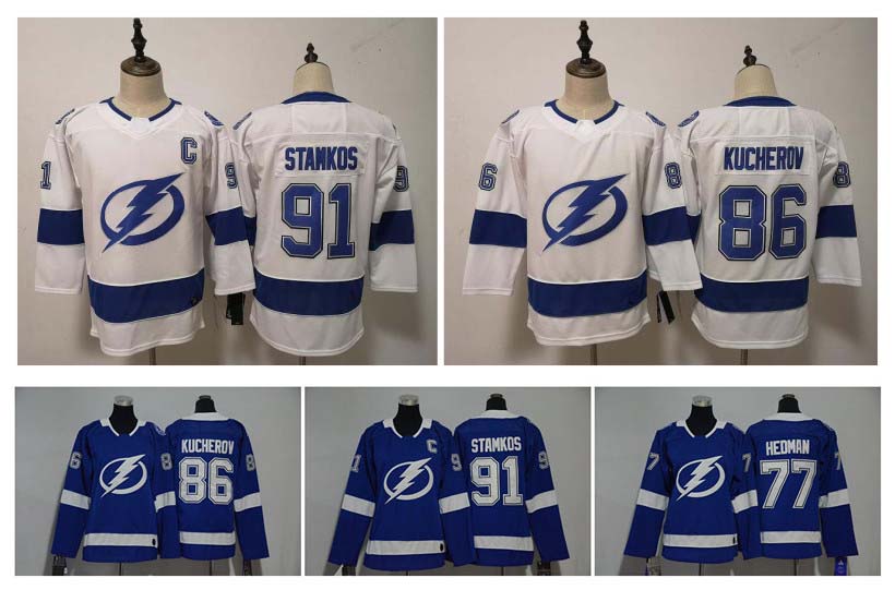 

2019 Kids 91 Steven Stamkos Jersey Tampa Bay Lightning 77 Victor Hedman 86 Nikita Kucherov Blue White Stitched Youth Hockey Jerseys, As pic