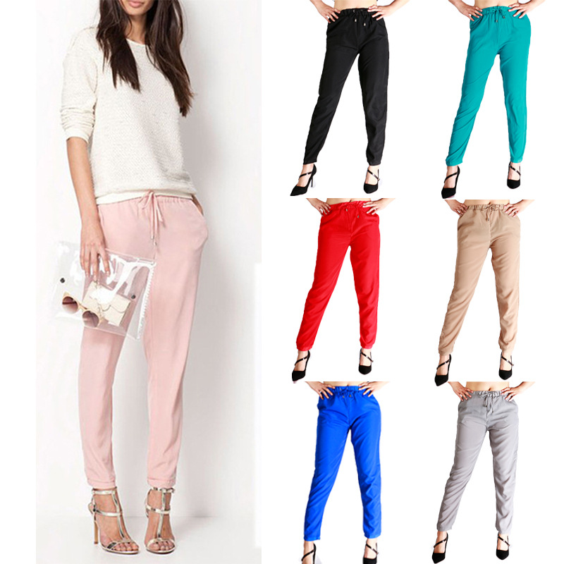

Casual Women Chiffon Pants Elastic Waist Solid Color Office OL Pants Bright Color Summer Slim Lady Pants Hot Sale, Khaki