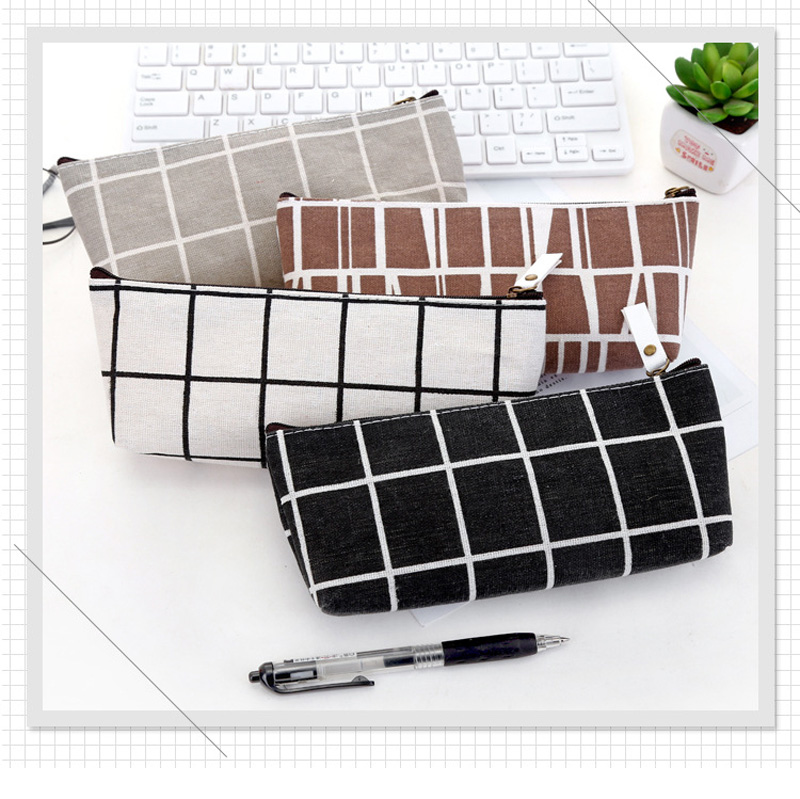 

Canvas Pencil Case School Pencil Bag Simple Striped Grid Bag 4 color stationery case for student