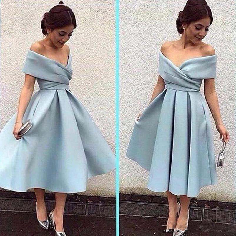 

Modest Light Blue Short Mother Of The Bride Dresses Off Shoulder Knee Length Backless Prom Dress Cheap Evening Gowns
