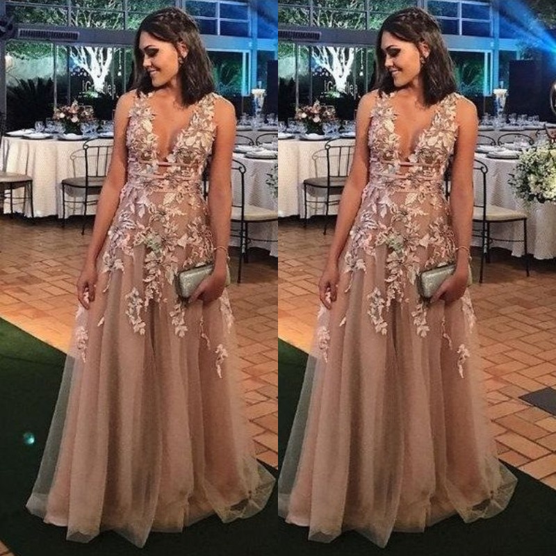 

Deep V-Neck Tulle Prom Dress A-Line Lace Appliques Sleeveless Formal Evening Dresses Glamorous Floor Length Party Gown 2018 Prom Dresses, Dark navy