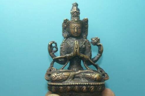 Vintage Tibet Silver Copper Gilt Tibetan Buddhism Statue Green Tara Buddha -