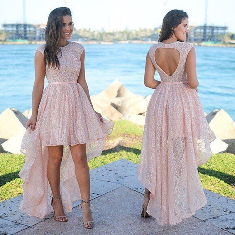 

Pink Lace High Low Prom Dresses 2018 Cheap Sweetheart Backless Short Cocktail Party Dress Summer A-Line Bridesmaid Dress Custom Made, Same as picture