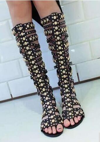 

Gold Studs Women Straps Cage Sexy Open Toe Ladies Gladiator Fashion Flat Knee/Short Boots Zipper Back Summer Boots