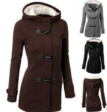 Wholesale- Autumn Hooded Horn Button Coat Women Winter Parkas Grey Outwear 2017 New Fashion Long Women Overcoat S-4XL