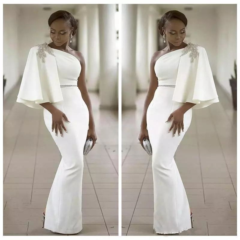 2019 Vogue Evening Gowns White Satin One Shoulder Half Sleeve Mermaid Floor Length Beading Waist African Dubai Formal Dresses Eveing Wear