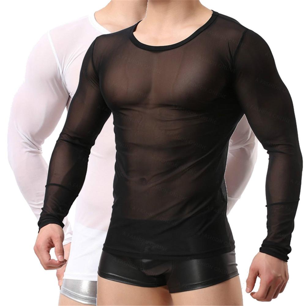 

Unisex!Gauze Sheer Black & White Tops Tees Undershirts See Through Long Sleeve Shirts Sexy Women&Men's Mesh Sexy Sleepwear, 2black