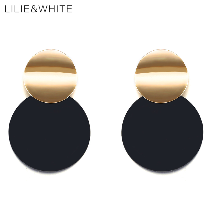 

LILIE&WHITE 2018 Two Smooth Curve Twisted Disk Drop Earrings Gold Color And Black Plating Metal Earrings For Women Jewelry HC