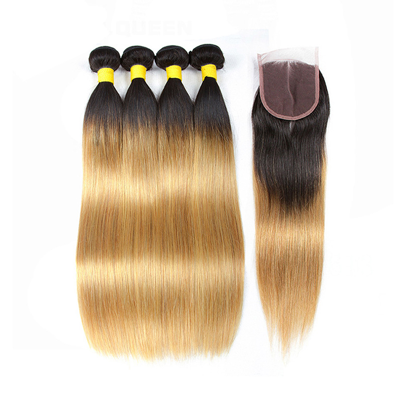 

T 1B 27 Dark Root Honey Blonde Bundles With Closure Peruvian Straight Ombre Virgin Human Hair Weave 3 Bundles with Lace Closure, Ombre color