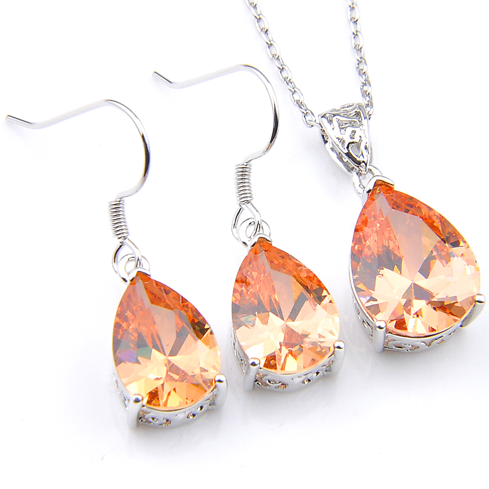 

LuckyShine 5 Sets Crystal Zircon Water Drop Morganite Earrings and Pendant Chain Necklace 925 Silver Women Fashion Wedding Sets FREE SHIPPIN, Champagen