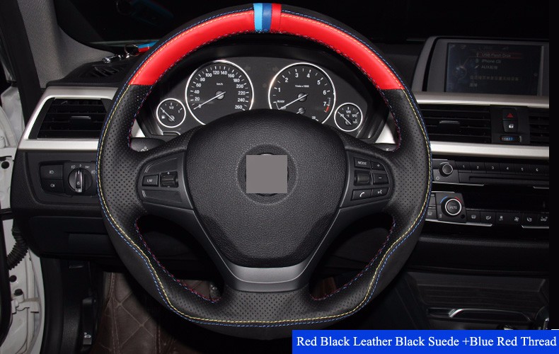 Red Black Leather Black Suede Diy Hand Stitched Car Steering Wheel Cover For Bmw F30 316i 320i 328i Super Sport Grip Steering Wheel Cover Superior