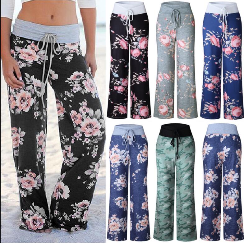 

Women Floral Palazzo Wide Leg Casual Loose Pants Summer Trousers Yoga Fitness Wide Leg Pant Women Casual ports Pants 19 color KKA3854, As pic