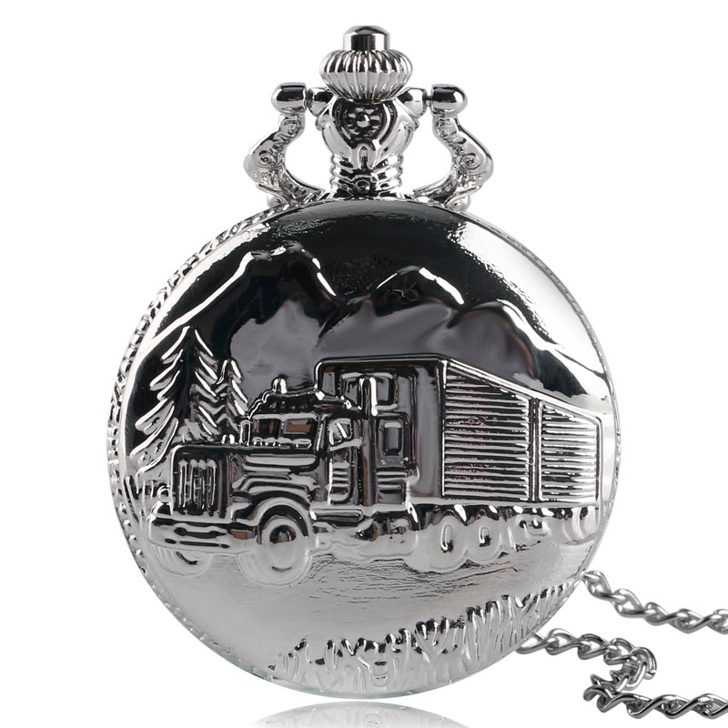 

Solid Silver Lorry Carving Pocket Watch Simple Truck Car Pattern Slim Necklace Cool Boys Teens Clock Special Family Drivers Gift, As pic