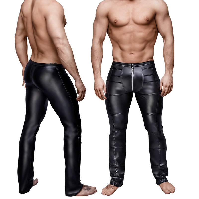 Hommes Sexy pantalon noir en cuir PU ouvert avant fermeture éclair pantalon Patchwork hommes Sexy jean Clubwear pantalons longs discothèque panta