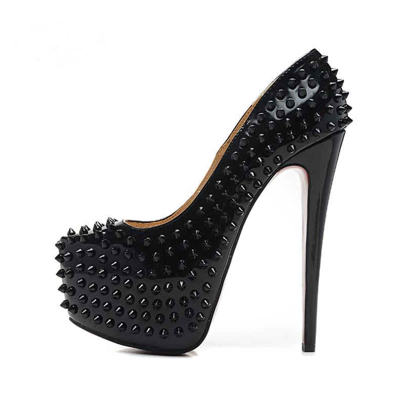 

Top Quality Women's 16cm High Heels Shoes Black Patent Leather With Spikes Luxury Red soles Pumps Ladies Designer Wedding Dress Shoes 35-41, As is shown in