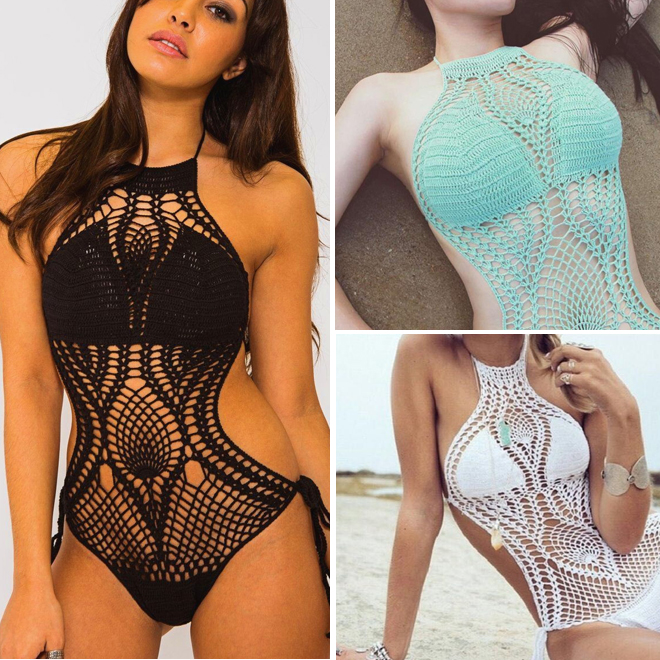 

Fashion Women Crochet One Piece Swimsuit Sexy Backless High Neck Monokini Strappy Bikini Swimwear, Sky blue