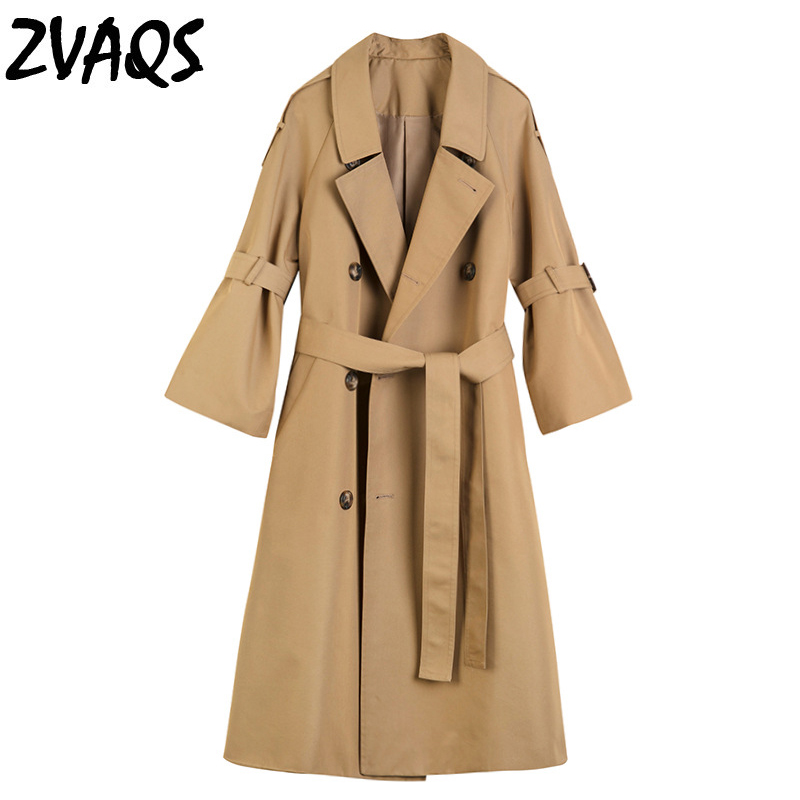 

ZAVQS windbreaker female spring Horn sleeve long slim trench coat three-quarter sleeve coat double breasted khaki overcoat jf247