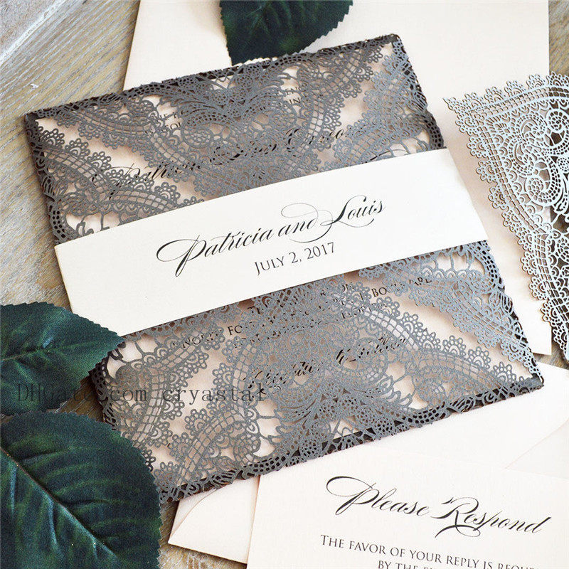 

Dark GRAY CHANTILLY LACE Laser Cut Wrap Invitation - Antique Square Laser Cut Wedding Invitation with Blush Insert and Belly Band, Plum
