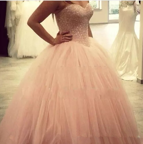 

2018 Cheap Sweetheart Quinceanera Ball Evening Dress Rhinestones Beads Tulle Floor Length Ball Gown Long Sweet 16 Prom Evening Gowns Q21, Pink