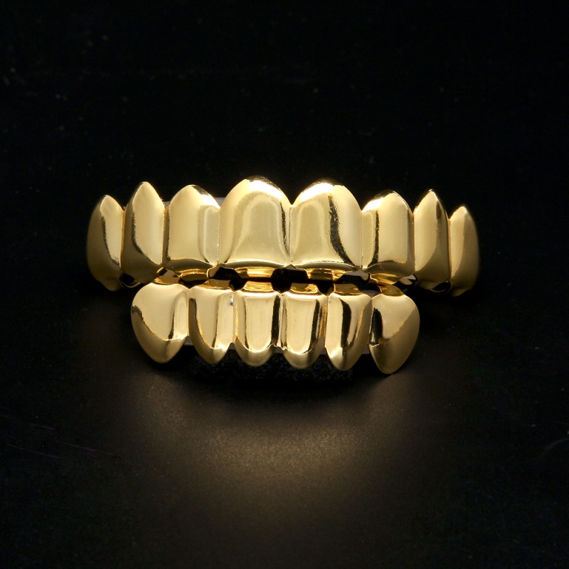 

Mens Gold Grillz Teeth Set Fashion Hip Hop Jewelry High Quality Eight 8 Top Tooth & Six 6 Bottom Grills