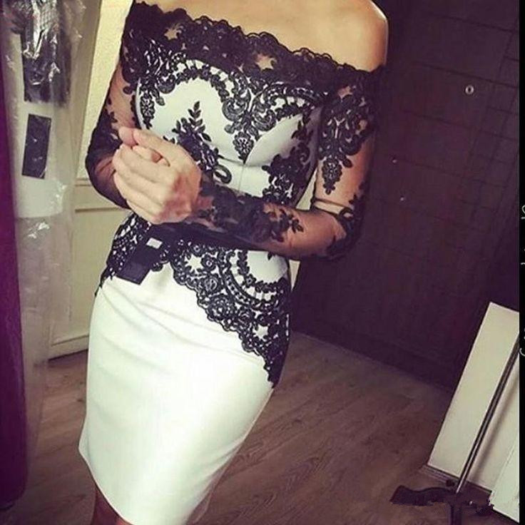 

White and Black Short Mother of the Bride Dresses Long Sleeve Off-the-shoulder Knee Length Sheath Lace Formal Evening Gowns Hot Selling M105