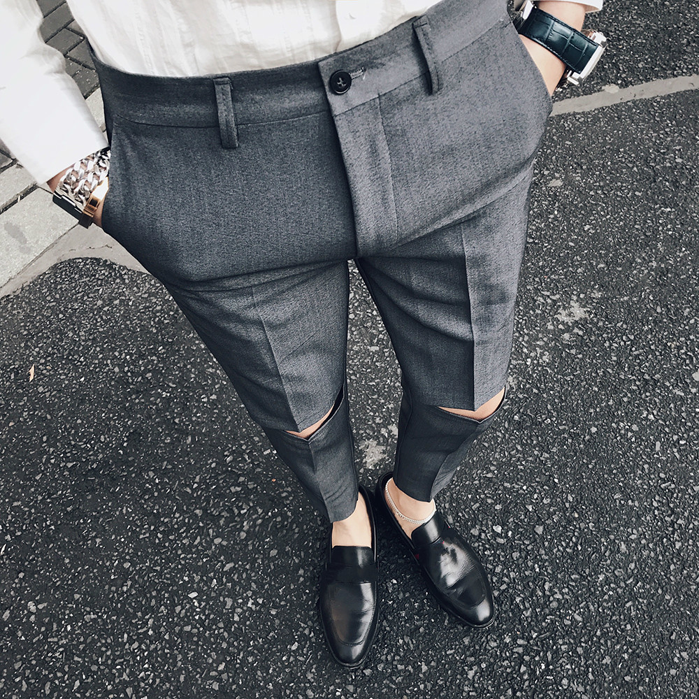 

Ripped Solid Pant Slim Fit Men Dress Pant Office Trousers Men Pantalon Homme Slim Formal Broken Trousers For Man, Black