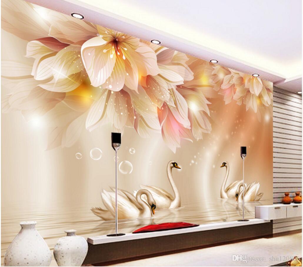 

3d room wallpaper on a wall custom photo mural Fashion flowers swan background wall living room 3d wall murals wallpaper for walls 3 d, Light yellow
