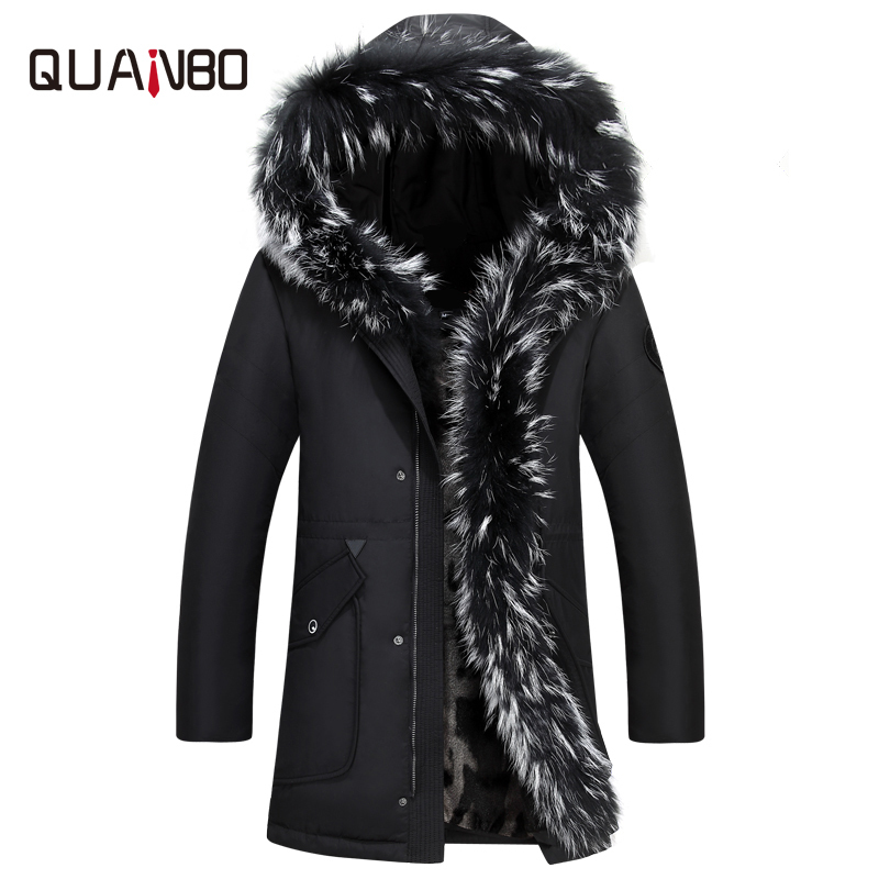 QUANBO 2018 Winter Thick Warm Down Jacket Casual X-Long White Duck Down Coats With Hooded Natural Raccoon -35 Degree Outwear Y181101