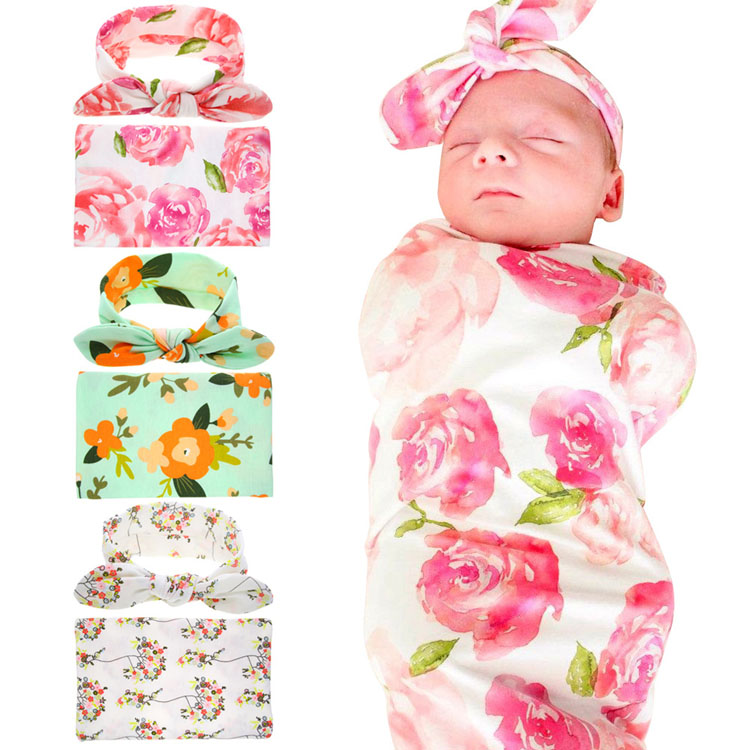 

European Style Newborn Blanket Infant Baby Flower Swaddle Wrap Blanket Blanket Towelling + Baby Rabbit Ear Headbands Outfits 2pcs/set