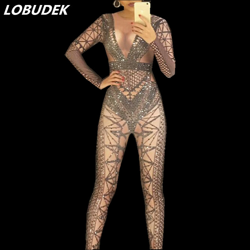 Female Bright stone Crystals jumpsuit DJ DS performance clothing Romper Nightclub singer stage costumes Leotard bodysuit-image-424446828