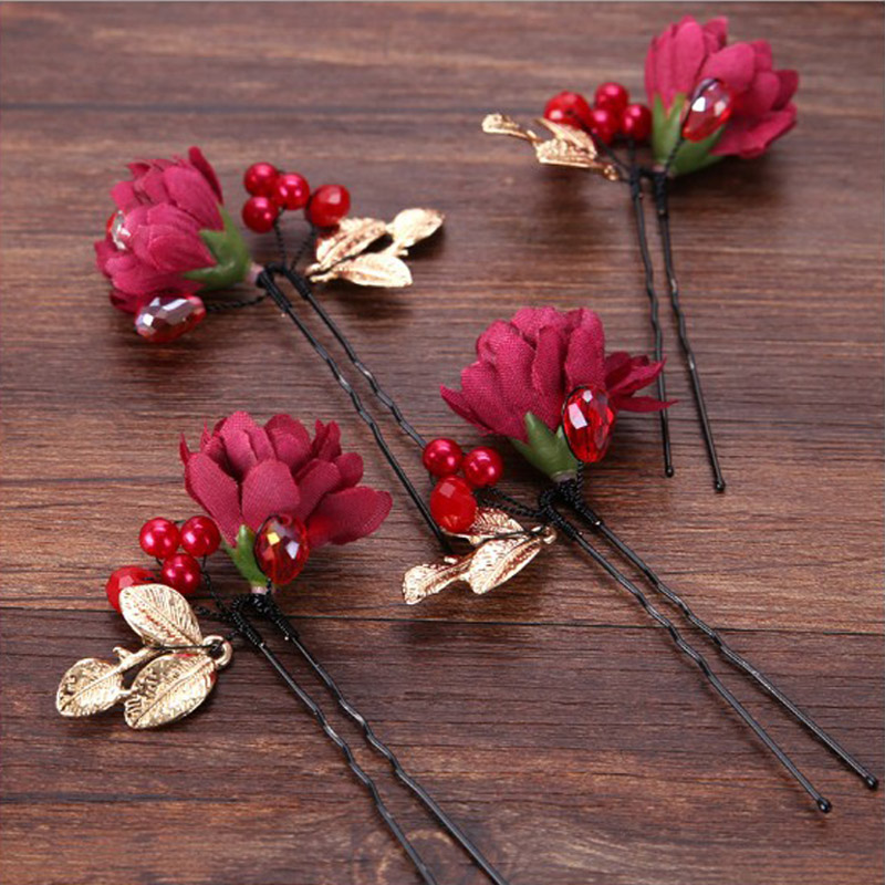 

Hairpins Beautiful Red Yarn Flowers HairClip Wedding Party Women Bridal HairCombs Crystal Fascinate Ladies Dress Headband, Golden;silver