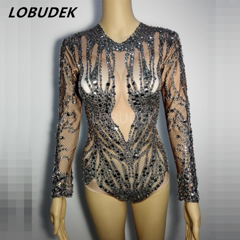female Leotard bodysuit sexy costumes full diamond Shining Black Rhinestone jumpsuit bright Crystal Rompers Singer dancer star Clubs Costume-image-405030583
