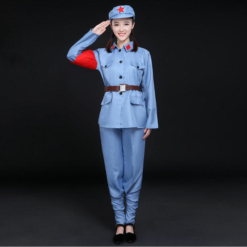 

Military Women Uniforms New Eighth Route Army Stage Performance Red Army wear female Garment Red Guards Anti-war Clothing Chinese opera, Blue