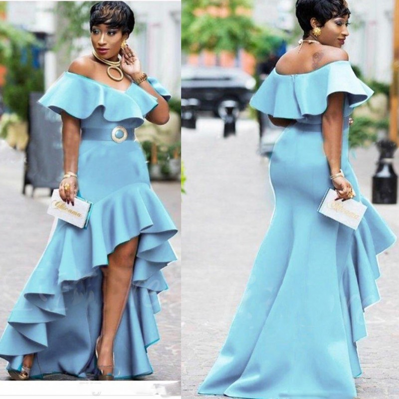 

Sky Blue Off The Shoulder Prom Dresses 2018 Ruffles High Low Evening Gowns Saudi Arabic Zipper Back Women Party Dress Vestidos, Ivory