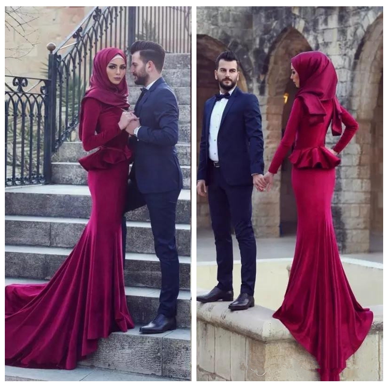 

2018 Gorgeous Muslim Burgundy Prom Dresses Mermaid Hijab Long Sleeves Sweep Train Evening Gowns Vestidos De Fiesta Cheap, Ivory