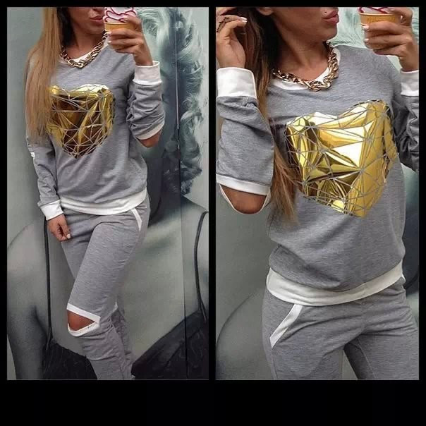 

Women Gray Sports Clothing Set Running Casual Tracksuits Heart Print Set Sweatshirt + Pant Girls Tracksuits Suit 2018 World Cup Clothing, Grey heart sports set