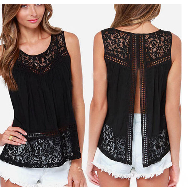 

Hot Summer Women Chiffon Blouse Shirts Crochet Lace Vest Sexy Open Back Sleeveless Shirt Tank Tops Blusas Femininas, Black