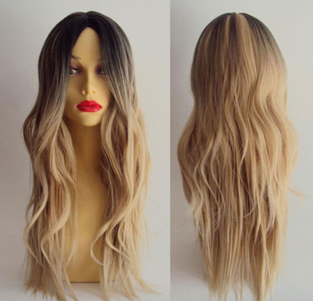 

Women Long Curly Wavy Hair Full Wig Cosplay Black Root Ombre Blonde Costume, Color