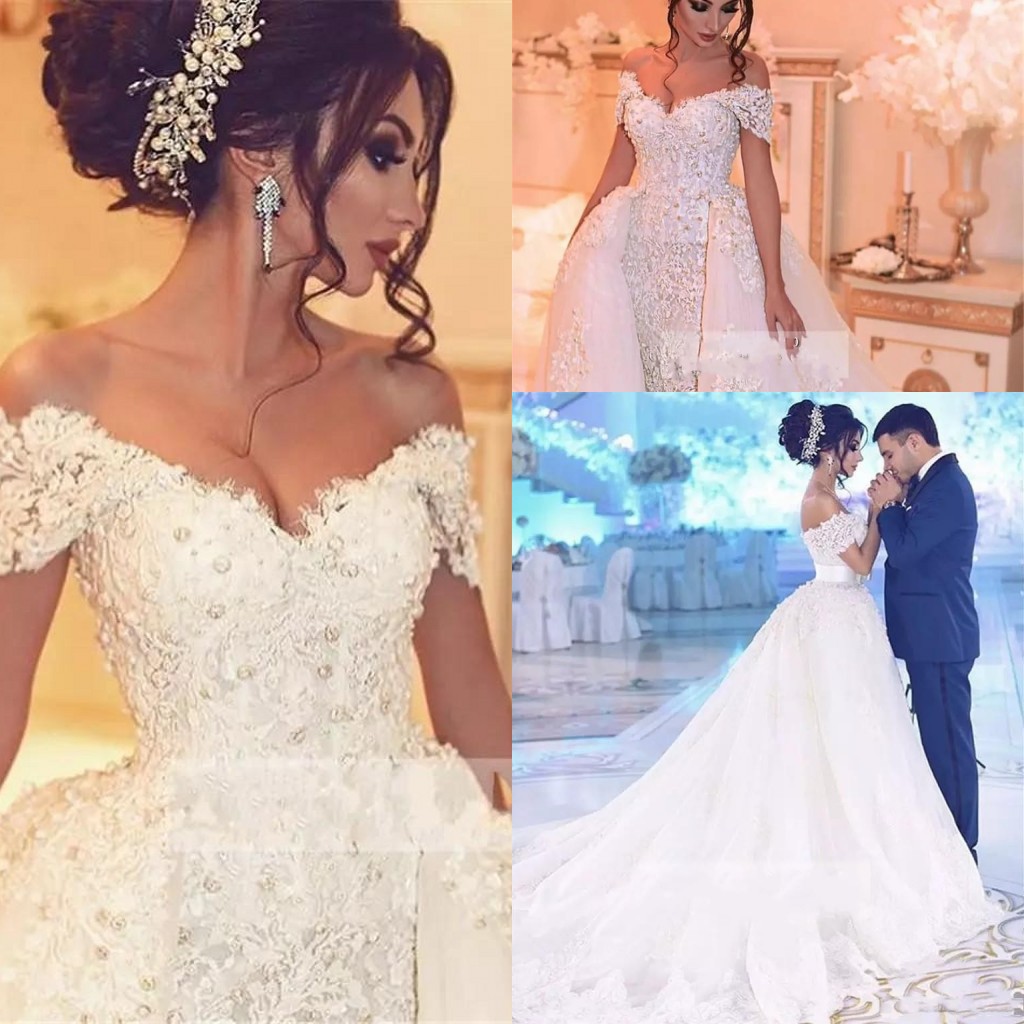 

Arabic Wedding Dresses with Detachable Skirt Appliques Beaded Pearls Dubai Plus Size Bridal Gowns Robe de mariee, Red