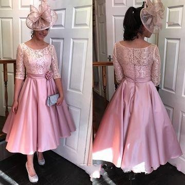 2018 Chic Tea Length Short A Line Mother Of The Bride Dresses Half Sleeve Lace Satin Plus Size Evening Gowns Formal Wedding Guest