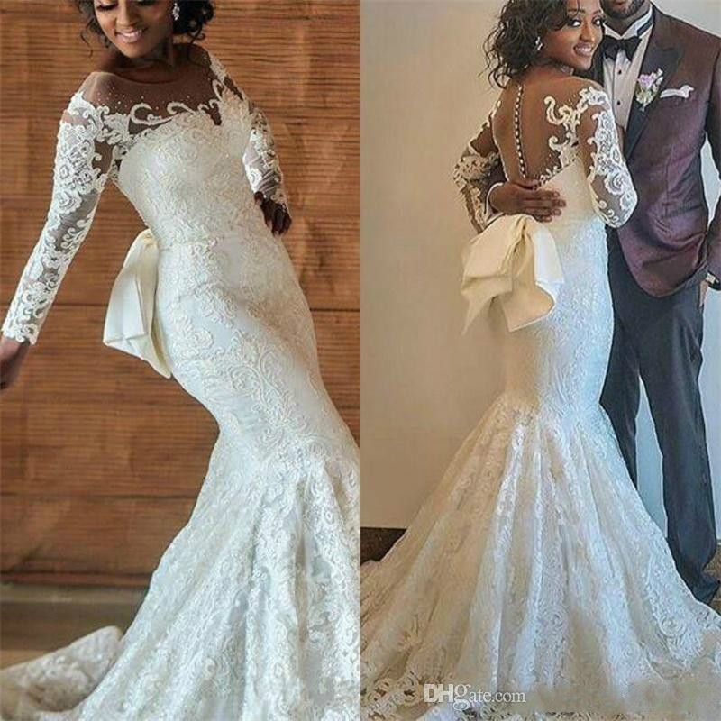 

Plus Size Mermaid Wedding Dresses With Detachable Train 2019 Modest Long Sleeve Full Lace African Nigeria Trumpet bridal gowns with big bow, Red & white