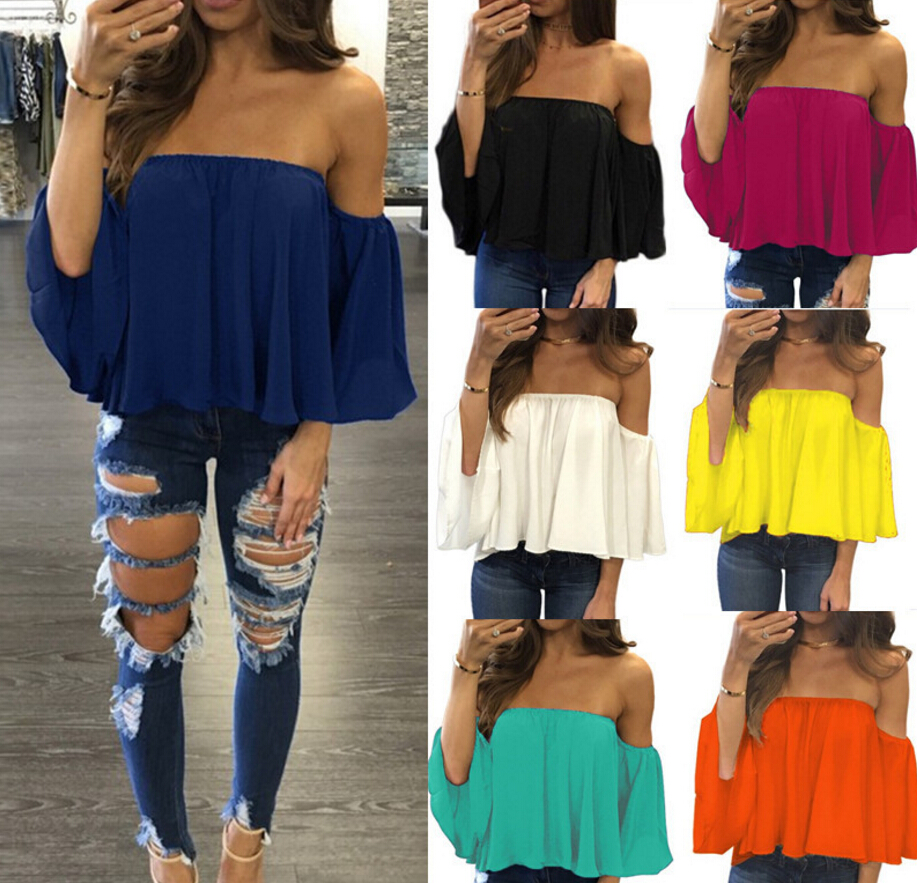 

Women Chiffon Candy Color Short Tshirts Strapless Design Fashion Casual Slim Fit Tops Cute Tees Clothes Vestidoes, Rosy
