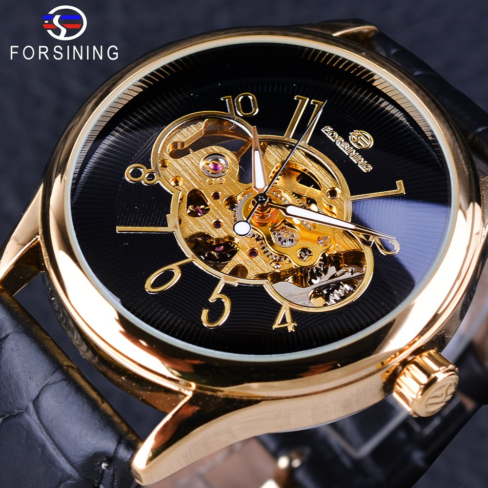 

Forsining Creative Skeleton Black Golden Display Men's Openwork Watch Top Brand Luxury Mechanical Wristwatch Transparent Case
