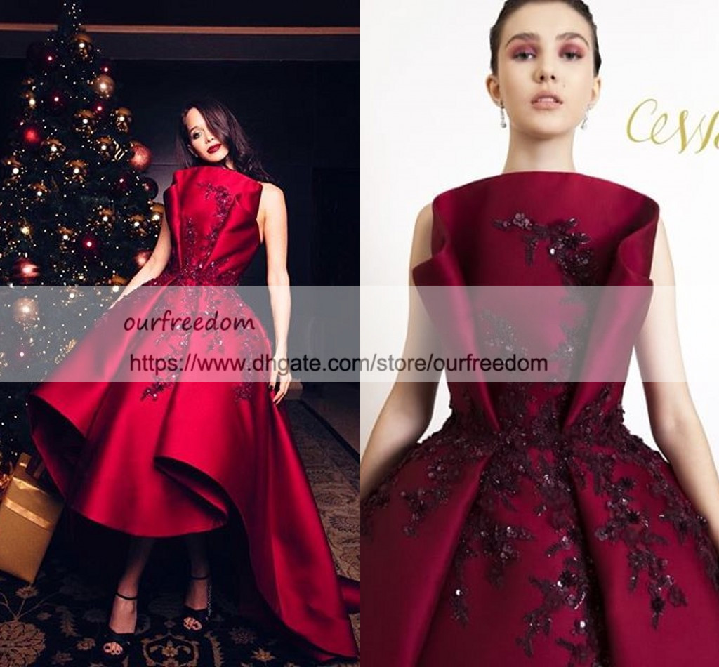 

AZZI & OSTA Spring Summer 2019 Burgundy Strapless Prom Dresses Appliques Sequins Stain Hi Low Formal Occasion Evening Dresses Custom Made, Same as picture