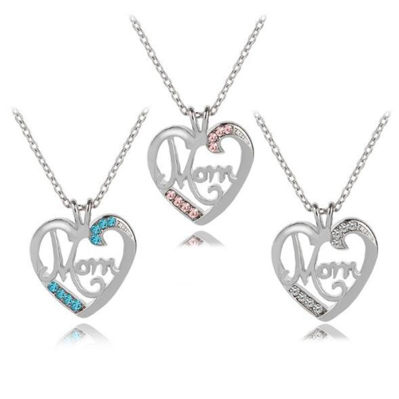 

Mothers Day Mom Heart Necklace 3 Colors Love Rhinestone White Pink Blue Pendant Necklaces For Mother Gift